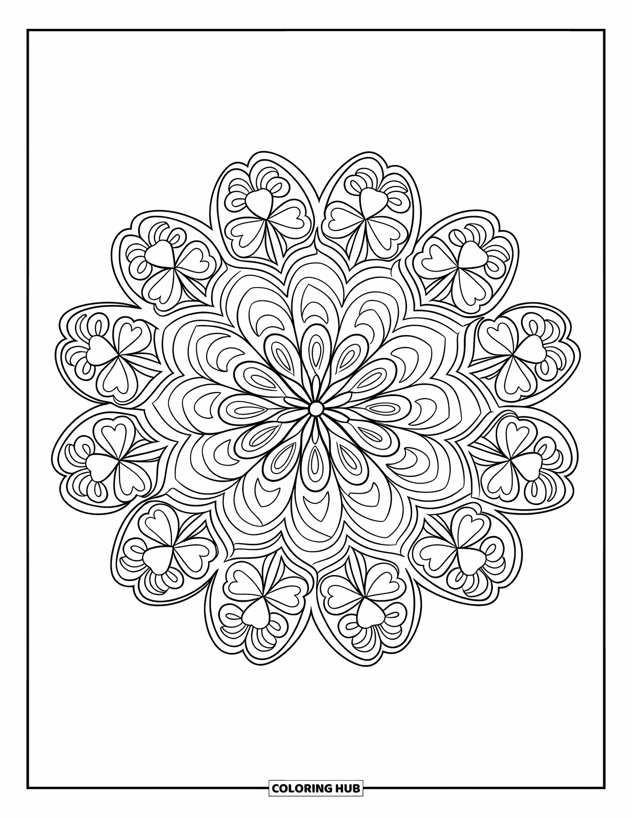 Coloriage de la Saint-Patrick pour adultes : Un mandala complexe de trèfles conçu pour la détente