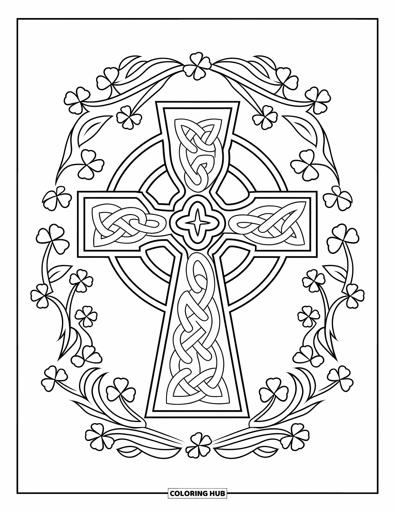 Coloriage de la Saint-Patrick pour adultes : Une croix celtique ornée encadrée de motifs de trèfles et de fleurs