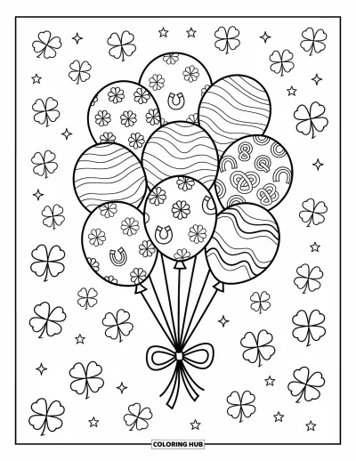 Sankt Patricks dag-målarbild för vuxna: Ballonger dekorerade med keltiska symboler och shamrocks som flyter i luften