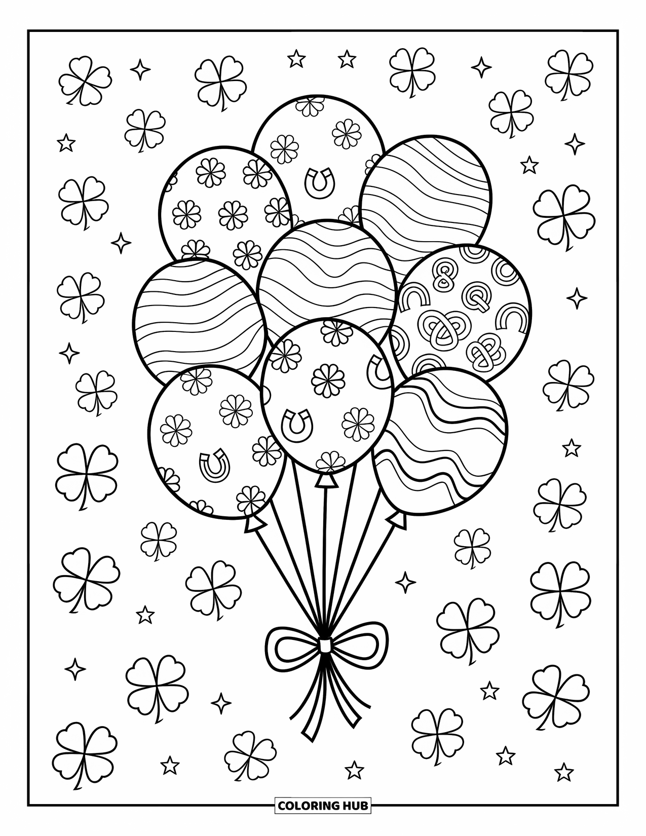 Coloriage de la Saint-Patrick pour adultes : Des ballons décorés de symboles celtiques et de trèfles flottant dans les airs