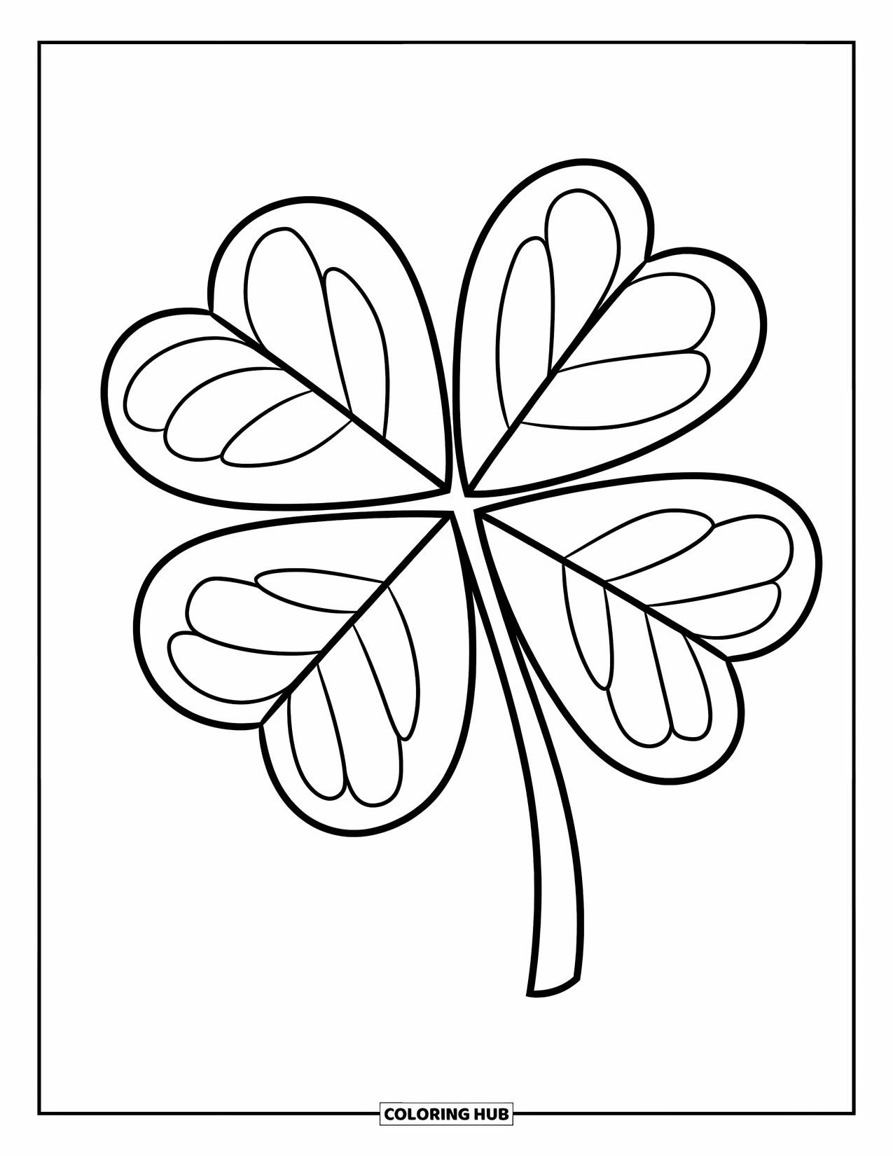 Coloriage de la Saint-Patrick pour enfants : Un grand trèfle à quatre feuilles en traits épais sur fond blanc