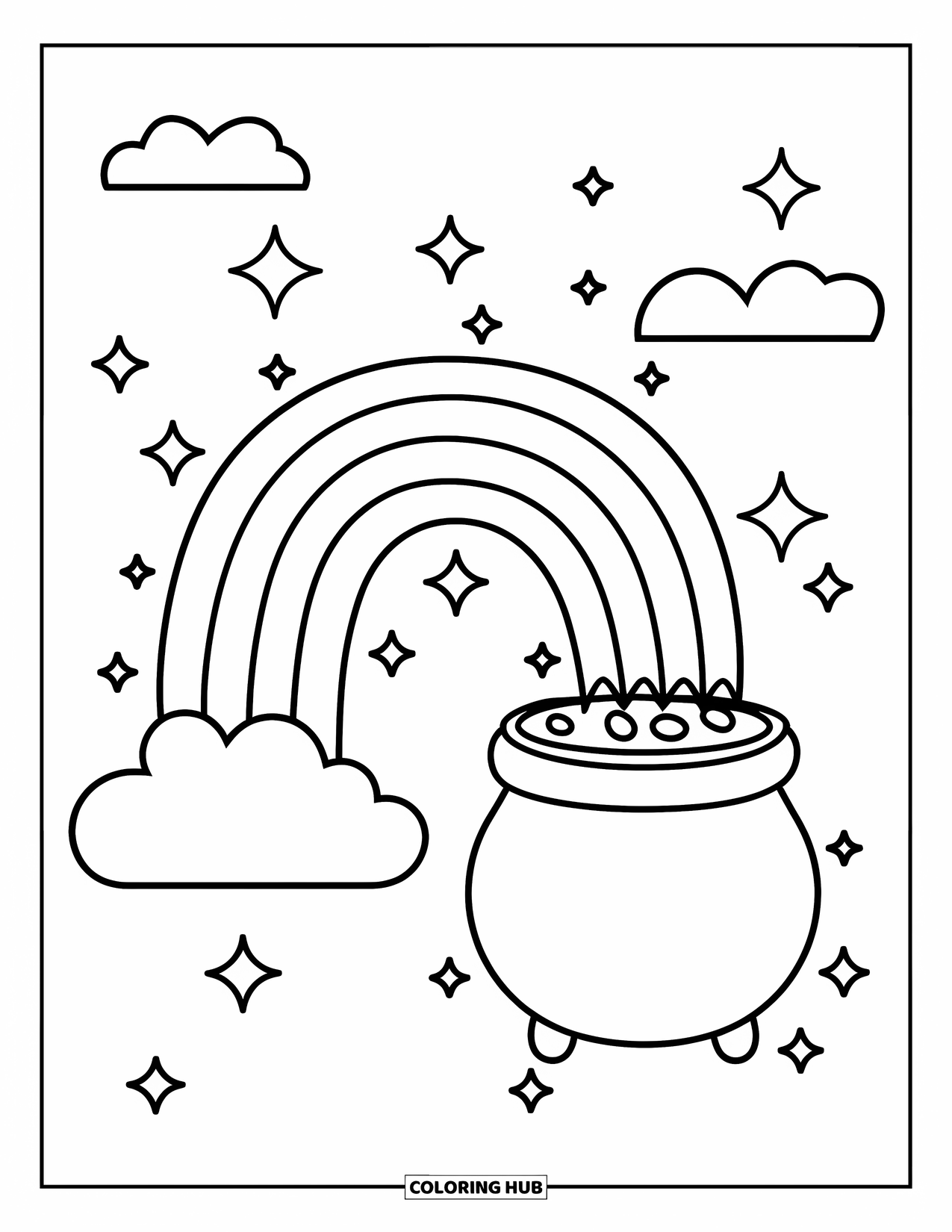 Coloriage de la Saint-Patrick pour enfants : Un arc-en-ciel lumineux au-dessus d’un pot d’or avec des nuages simples