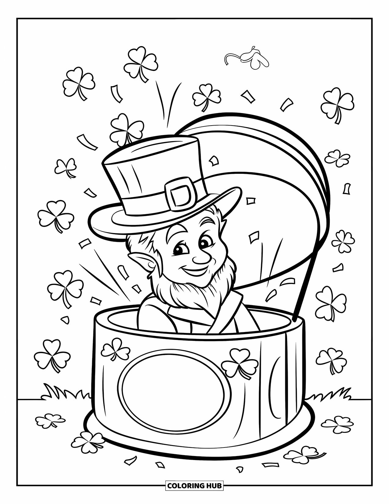 Coloriage de la Saint-Patrick pour enfants : Un farfadet enjoué qui surgit d’une boîte surprise remplie de trèfles
