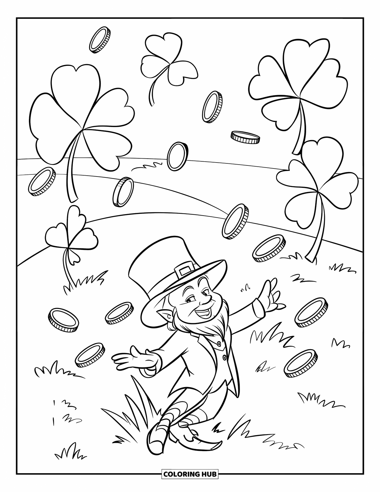 Coloriage de la Saint-Patrick pour enfants : Un farfadet joyeux dansant dans un champ de trèfles sous une pluie de pièces