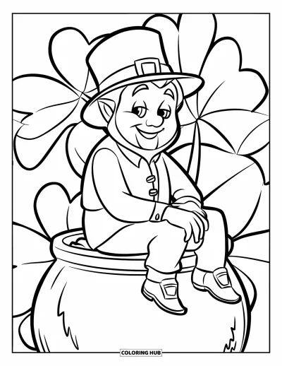 Sankt Patricks dag-målarbild för barn: En glad tomte som sitter på guld med shamrocks bakom sig