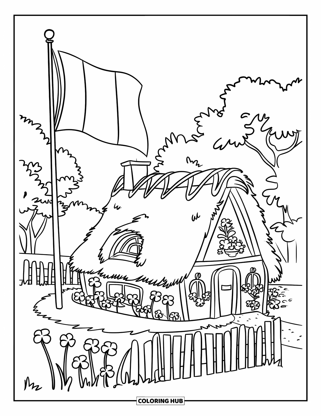 Coloriage de la Saint-Patrick pour enfants : Une chaumière avec un jardin de trèfles et un drapeau irlandais à côté