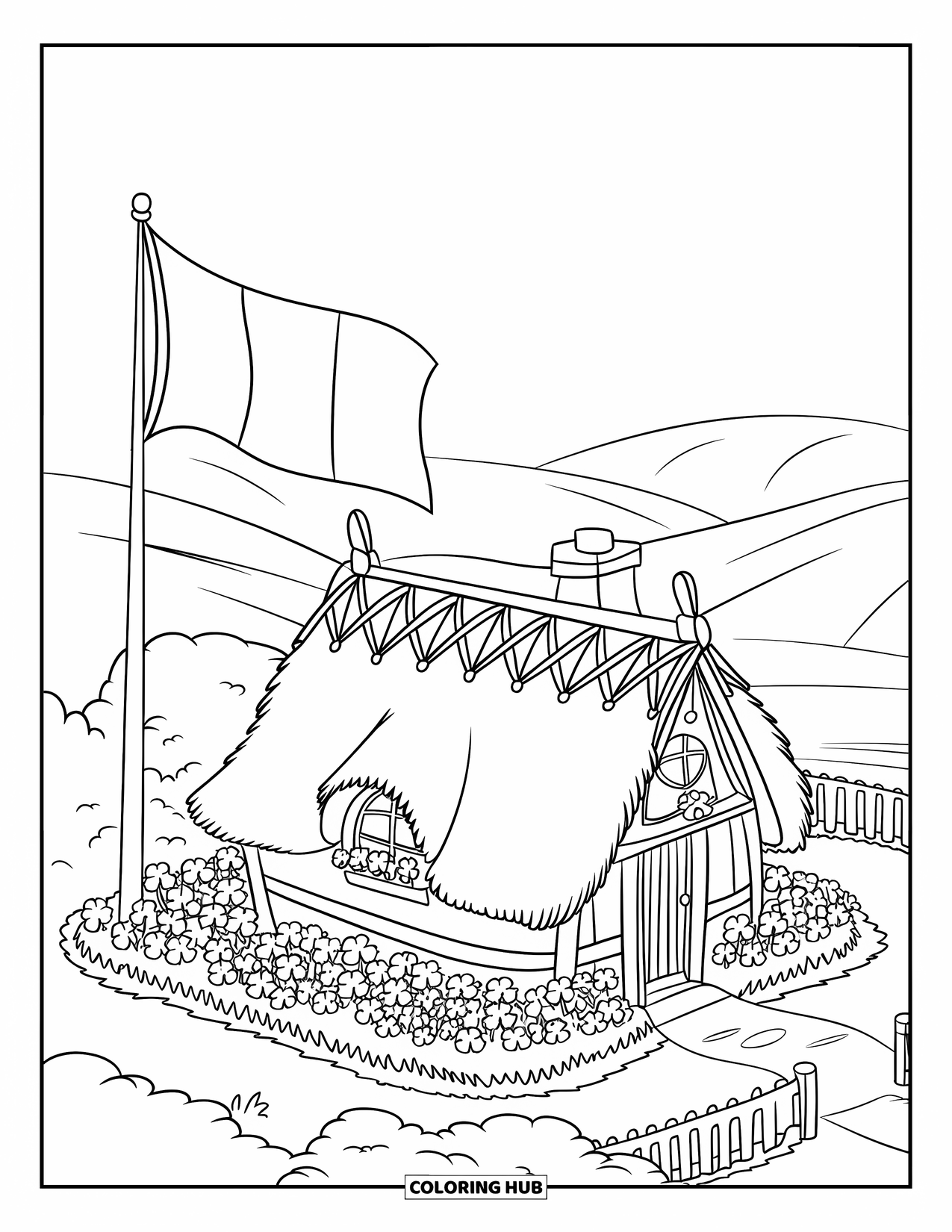 Coloriage de la Saint-Patrick pour enfants : Une chaumière irlandaise douillette avec un jardin de trèfles et des collines ondulantes