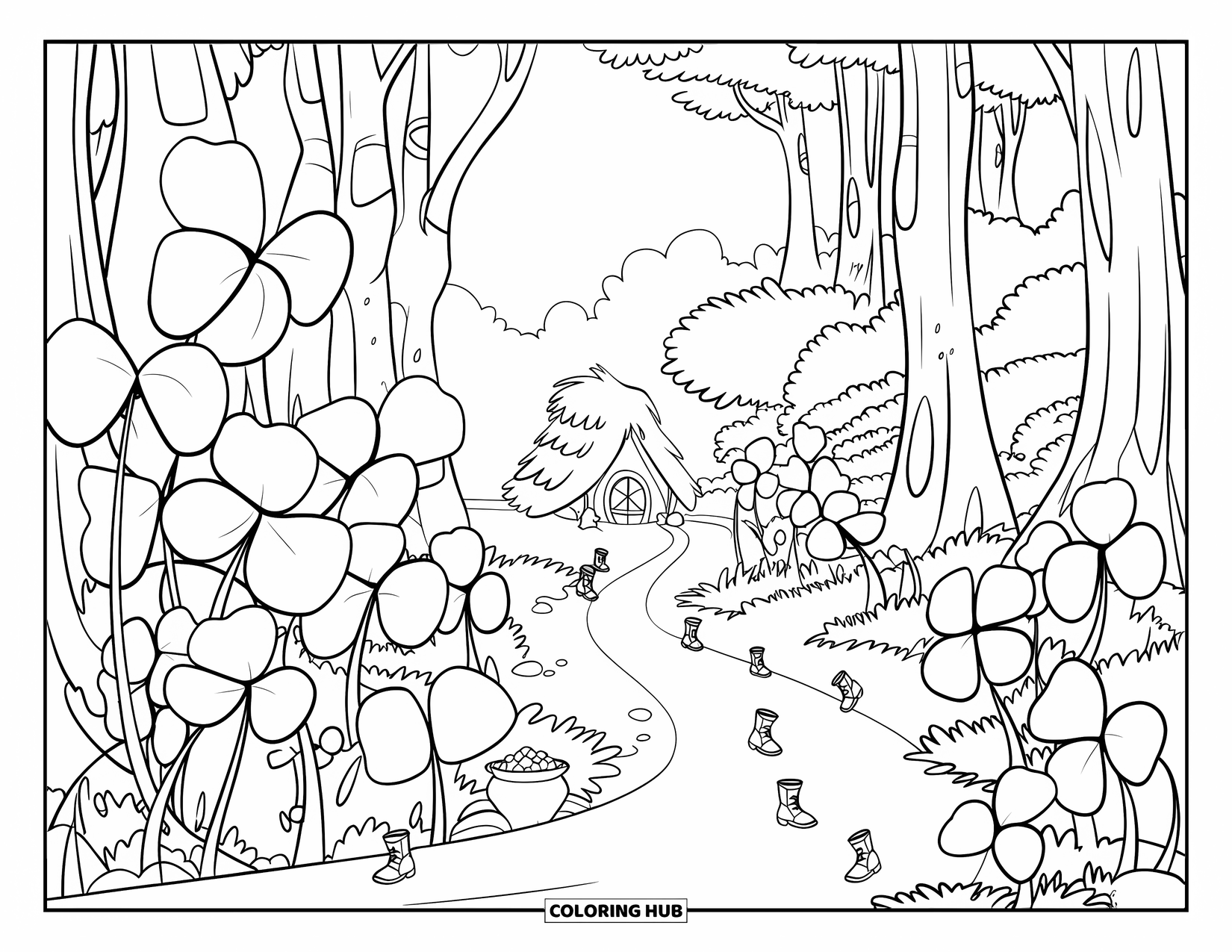 Coloriage de la Saint-Patrick pour enfants : Un sentier forestier de trèfles géants menant à un pot d’or secret