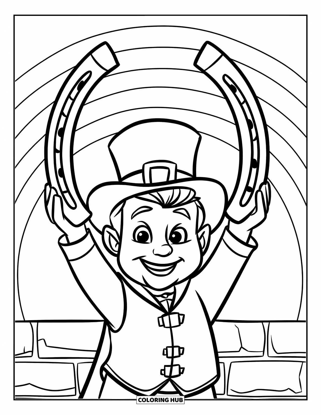Coloriage de la Saint-Patrick pour enfants : Un farfadet heureux levant un fer à cheval sous un ciel arc-en-ciel