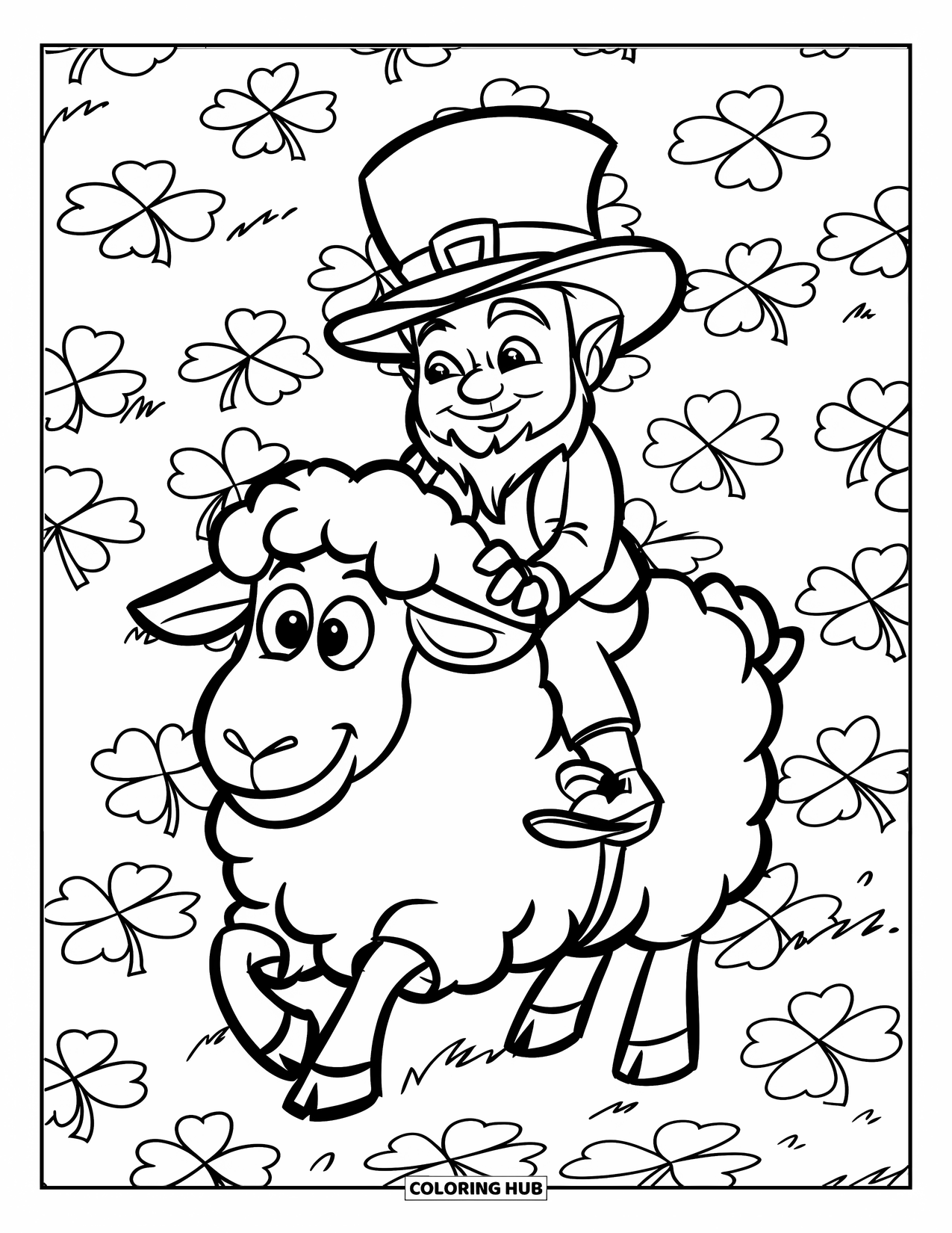 Coloriage de la Saint-Patrick pour enfants : Un farfadet heureux sur un mouton souriant parmi des trèfles