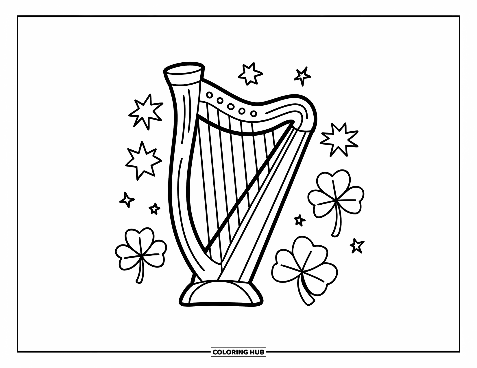 Coloriage de la Saint-Patrick pour enfants : Une harpe avec des trèfles en traits épais et des étoiles