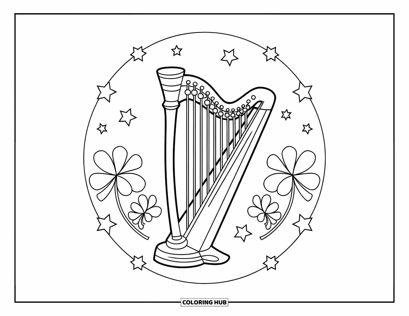 Coloriage de la Saint-Patrick pour enfants : Une harpe avec des étoiles et des trèfles dans un design ludique et simple