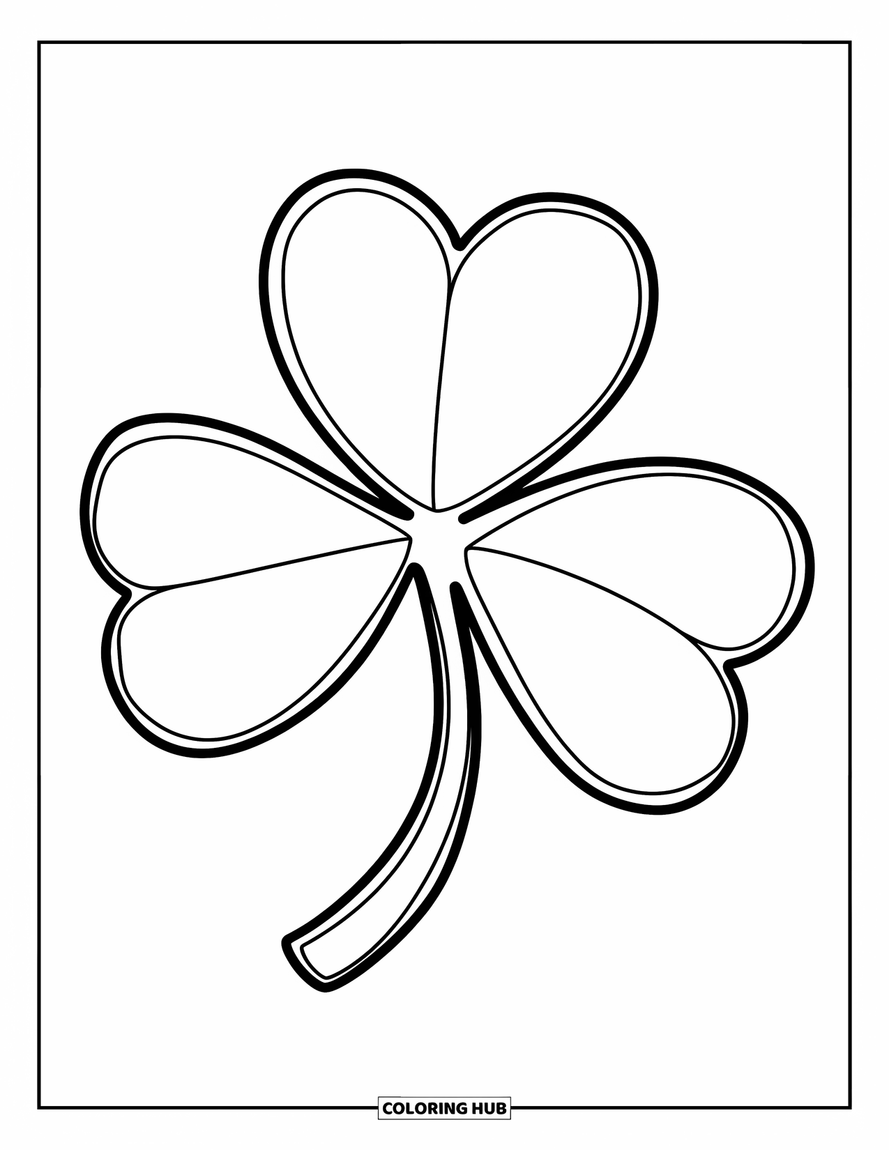 Coloriage de la Saint-Patrick pour enfants : Un grand trèfle à quatre feuilles dessiné avec des contours épais et joyeux