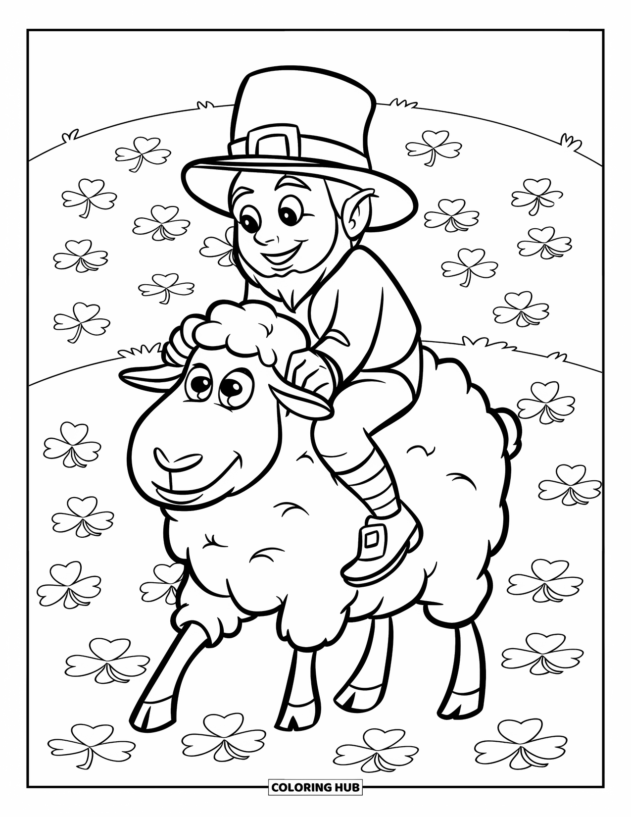 Coloriage de la Saint-Patrick pour enfants : Un farfadet et un mouton traversant un champ rempli de trèfles