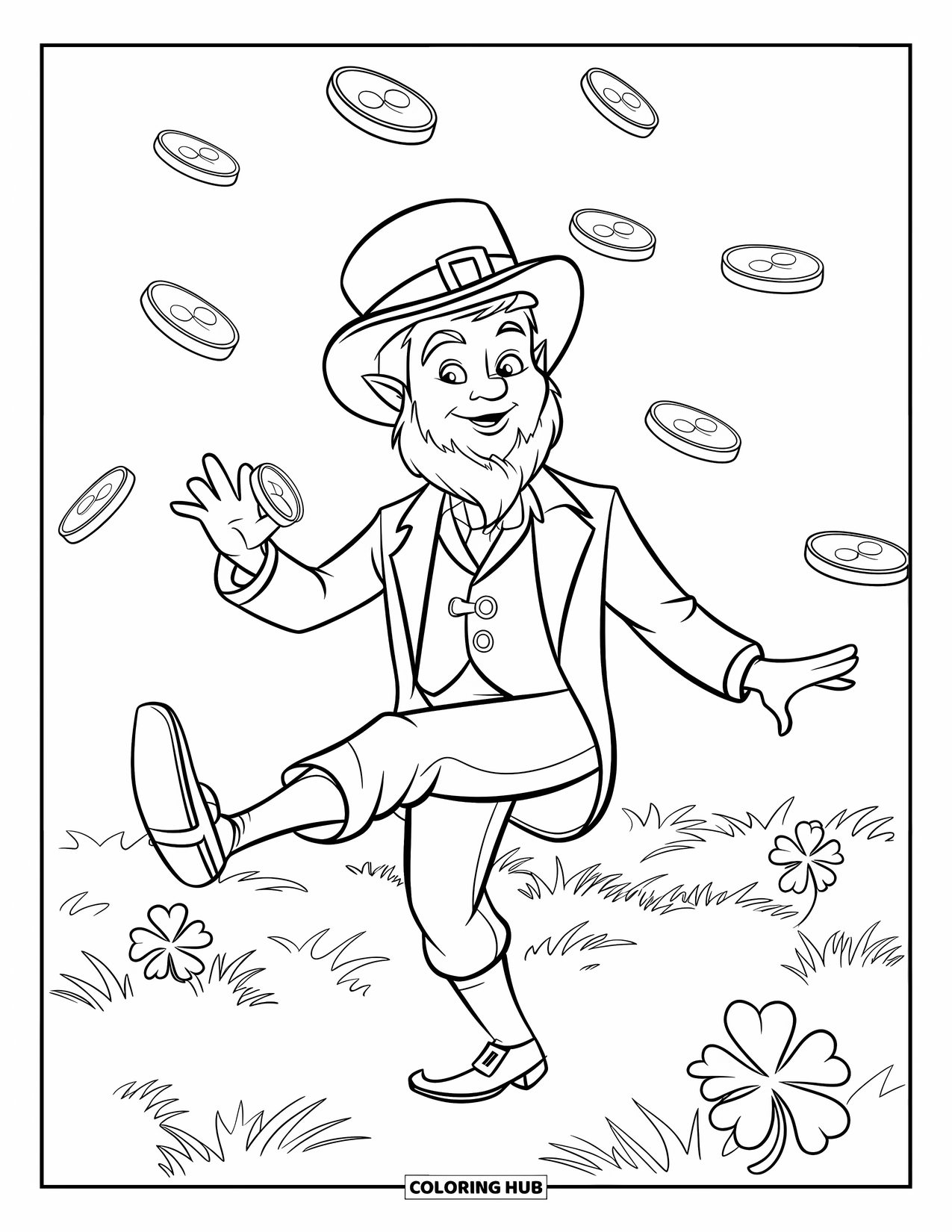Coloriage de la Saint-Patrick pour enfants : Un farfadet qui danse avec une pluie de pièces d’or autour de lui