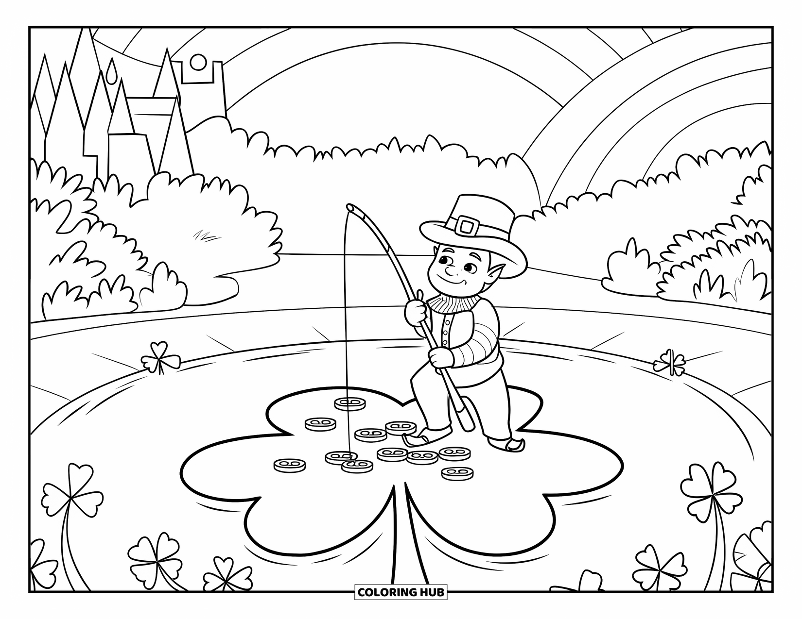 Coloriage de la Saint-Patrick pour enfants : Un farfadet pêchant des pièces d’or dans un lac en forme de trèfle