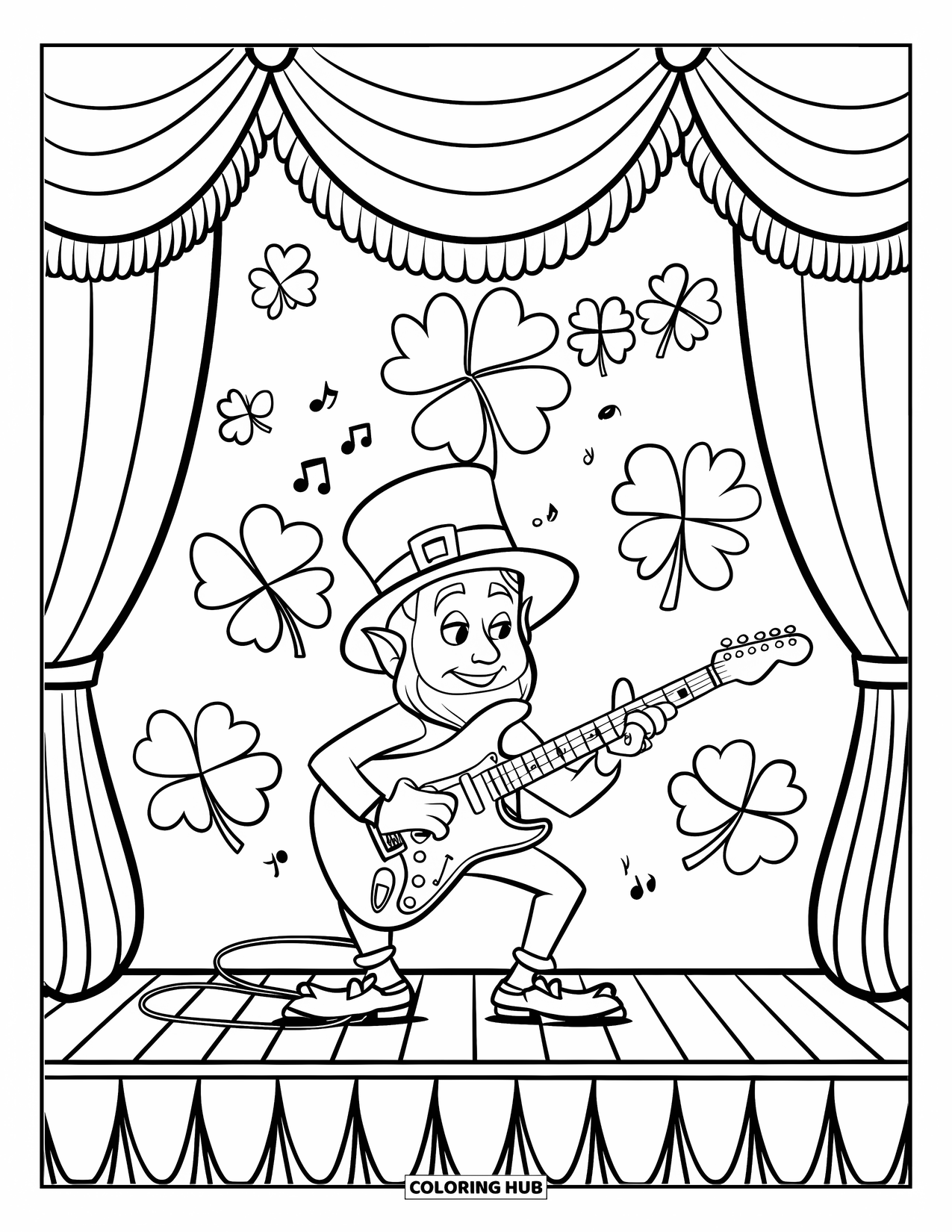 Coloriage de la Saint-Patrick pour enfants : Un farfadet guitariste en spectacle sur scène avec des feux d’artifice de trèfles
