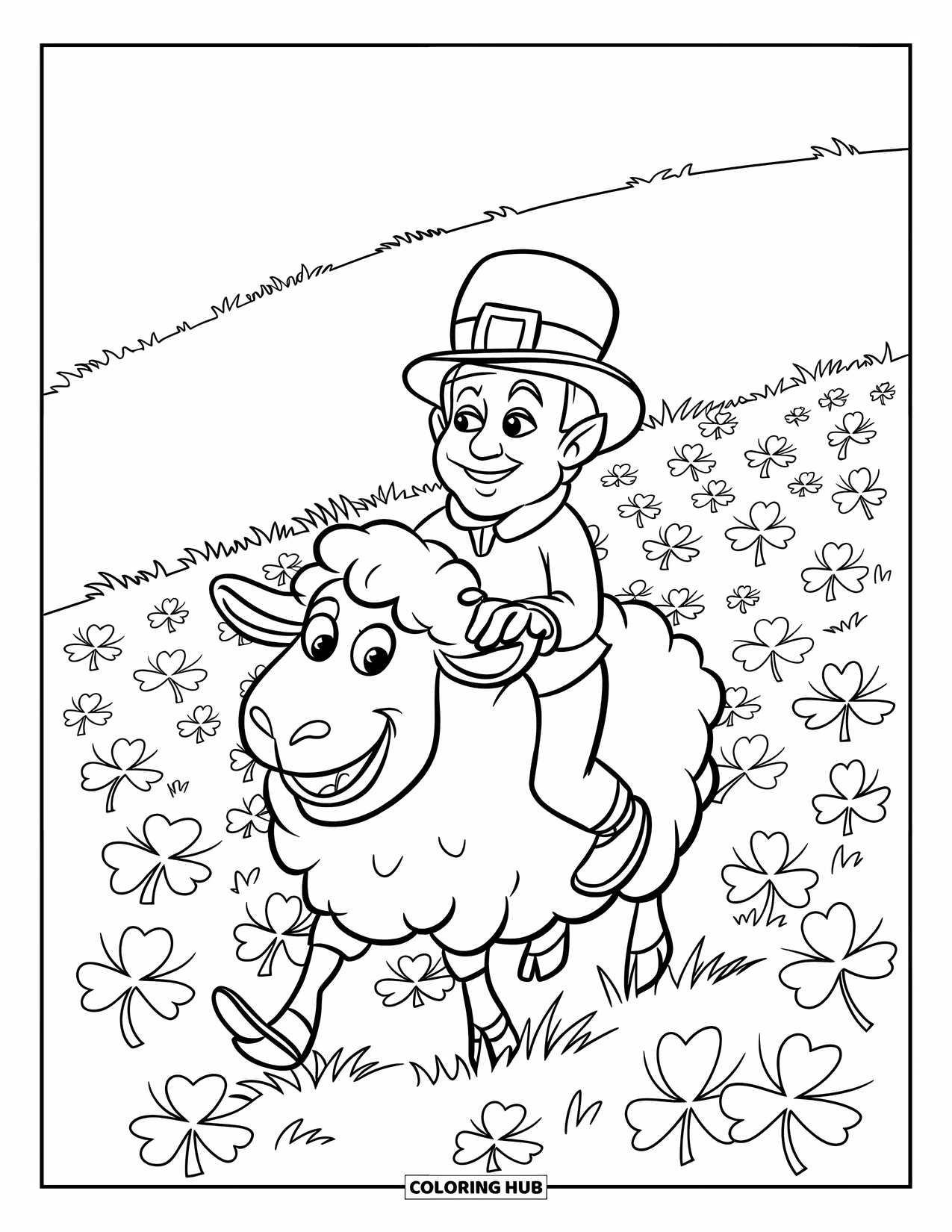 Coloriage de la Saint-Patrick pour enfants : Un farfadet riant au sommet d’un mouton dans une prairie de trèfles