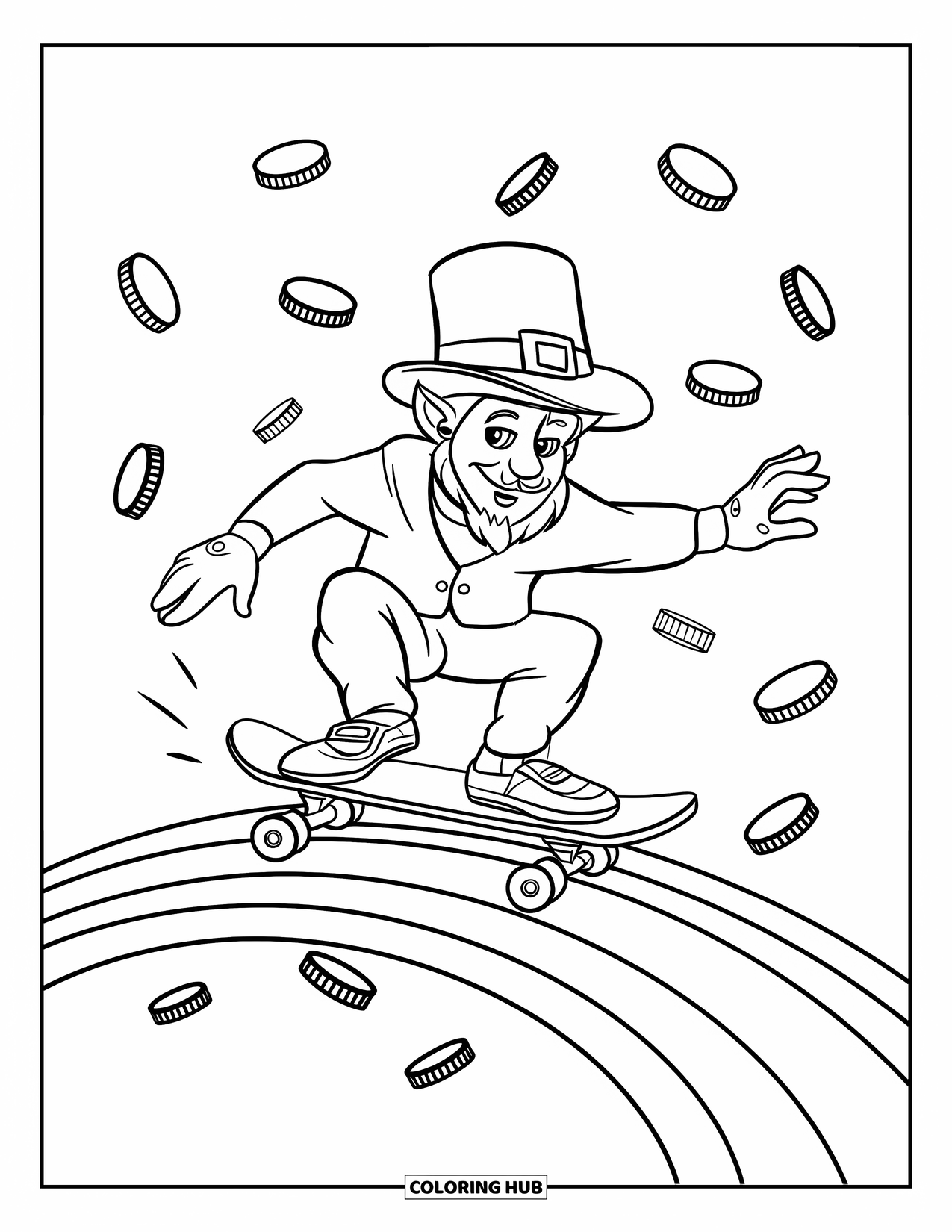 Coloriage de la Saint-Patrick pour enfants : Un farfadet sur un skateboard glissant sur un arc-en-ciel