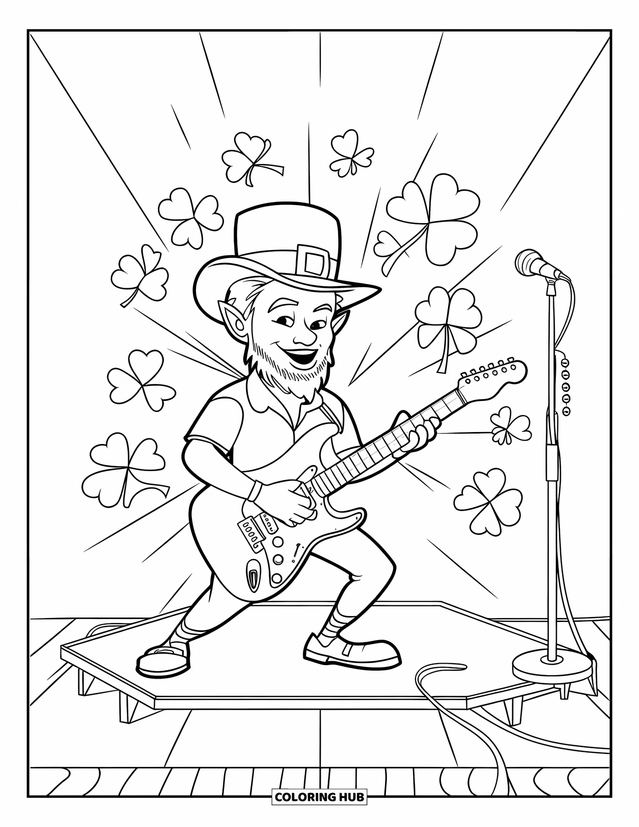 Coloriage de la Saint-Patrick pour enfants : Un farfadet jouant de la guitare sous des projecteurs et des trèfles qui tombent