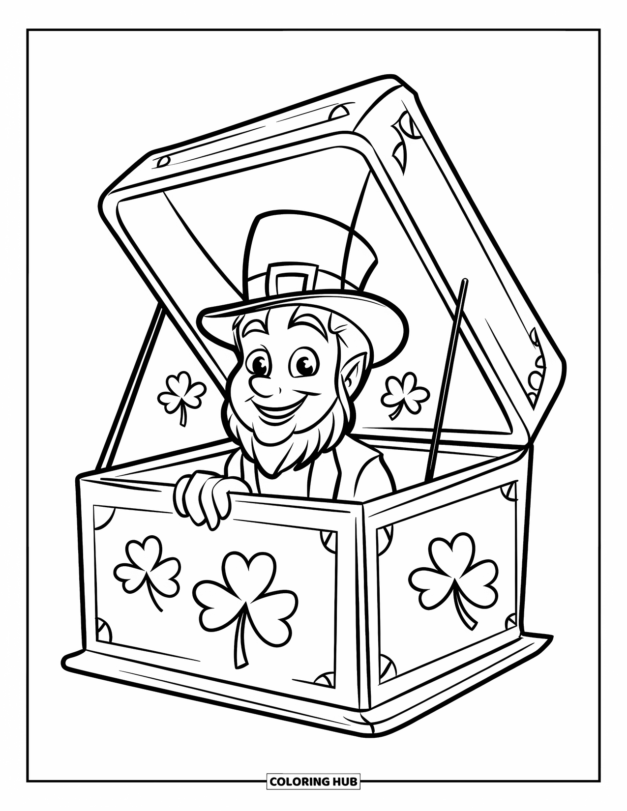 Coloriage de la Saint-Patrick pour enfants : Un farfadet qui jaillit d’une boîte surprise avec des confettis de trèfles