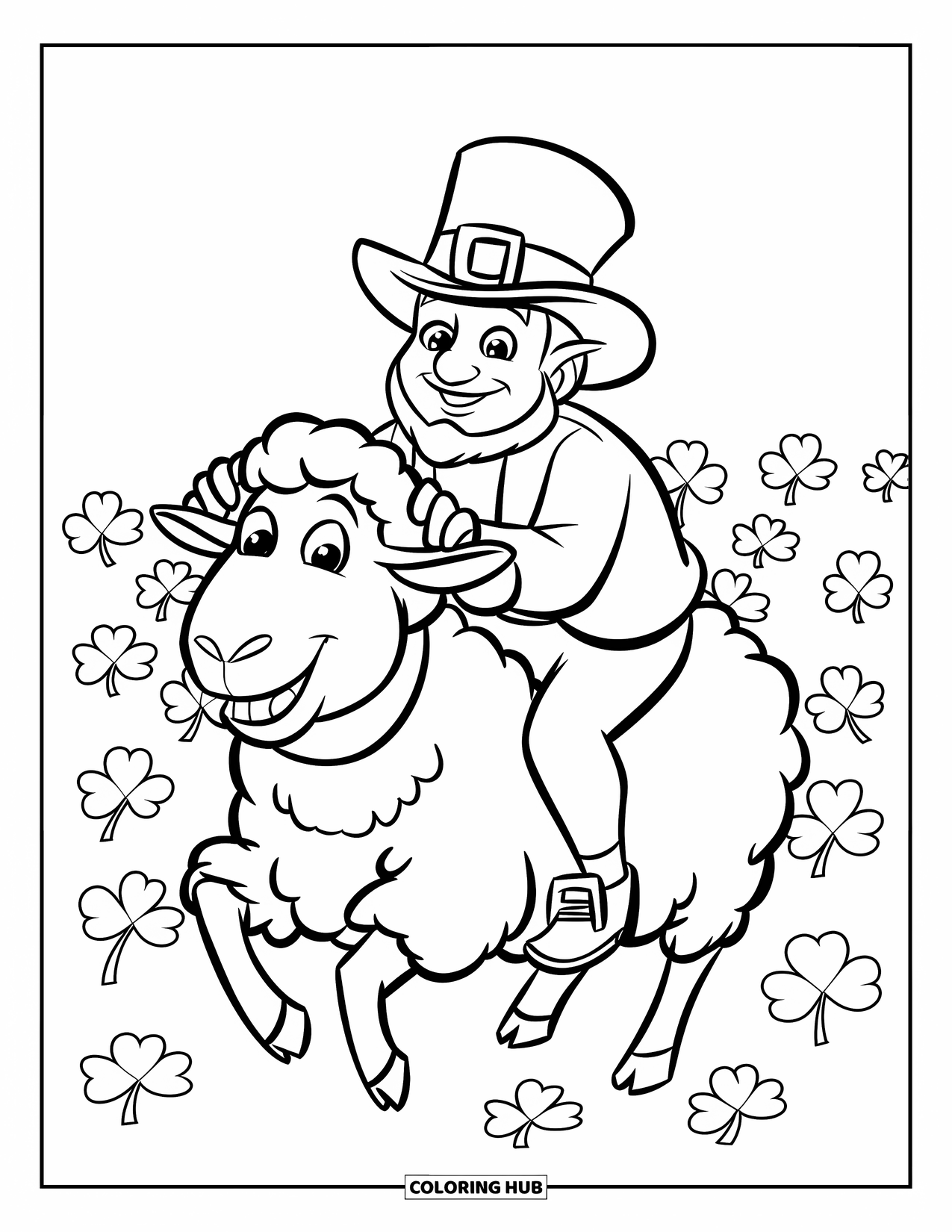 Coloriage de la Saint-Patrick pour enfants : Un farfadet monté sur un mouton dans un champ de trèfles