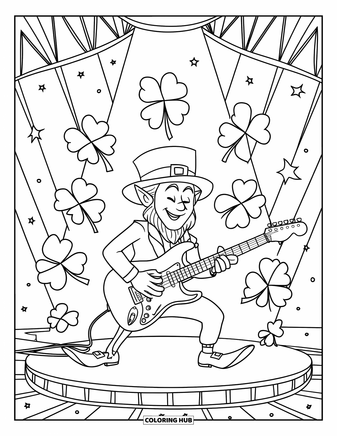 Coloriage de la Saint-Patrick pour enfants : Un farfadet qui fait le spectacle sur scène avec des trèfles qui explosent derrière lui