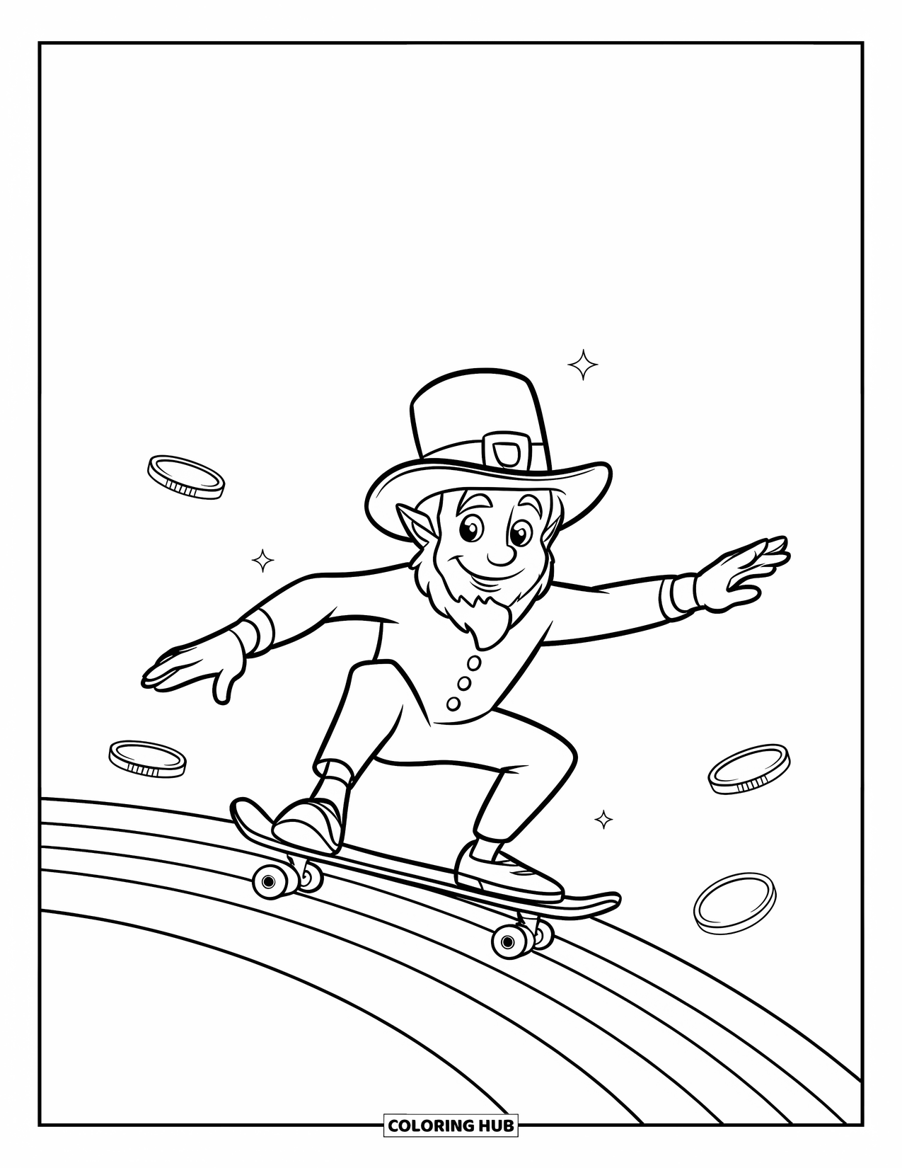 Coloriage de la Saint-Patrick pour enfants : Un farfadet en skateboard sur un arc-en-ciel avec des pièces qui volent