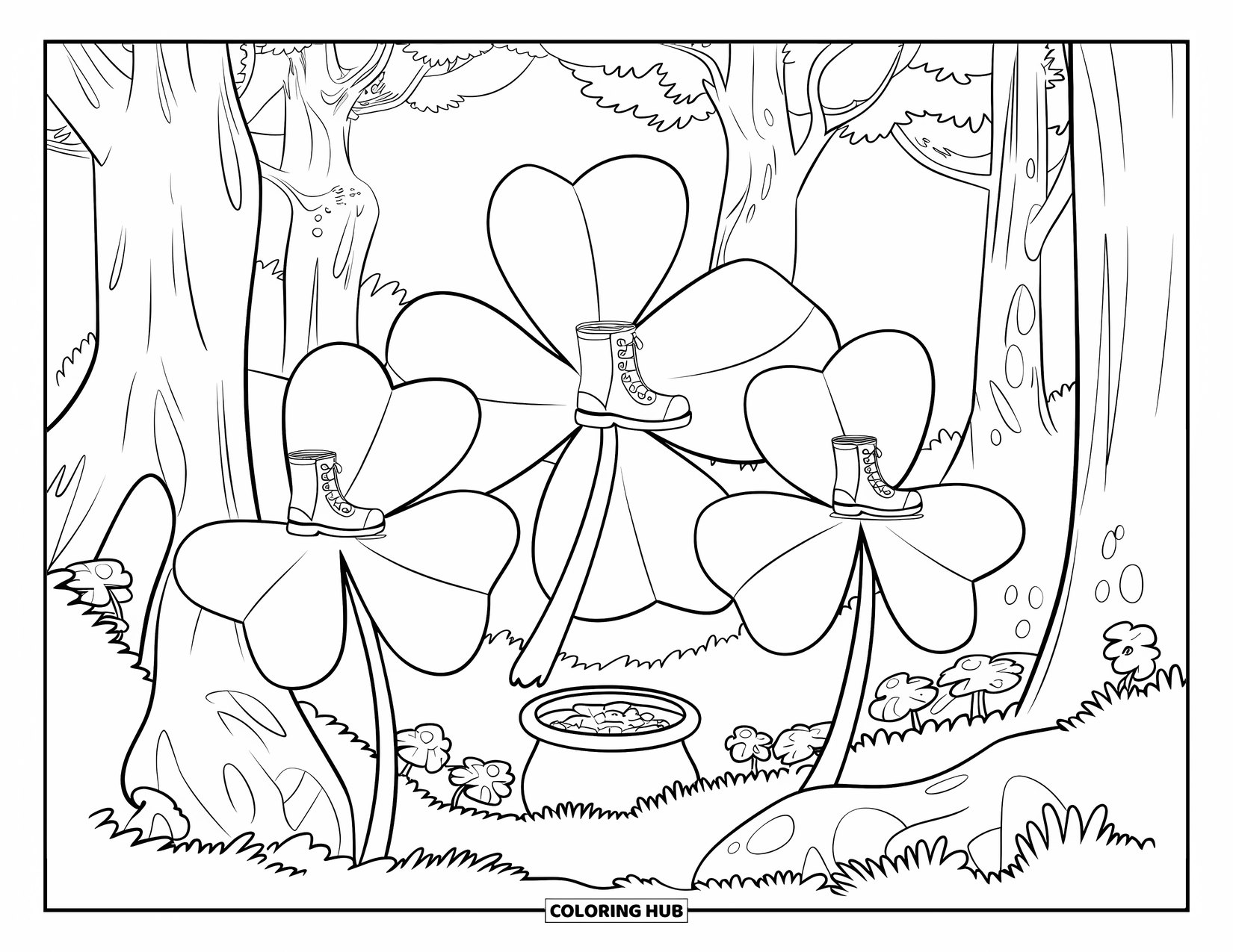 Coloriage de la Saint-Patrick pour enfants : Une forêt magique avec des trèfles géants, de petites bottes et de l’or caché