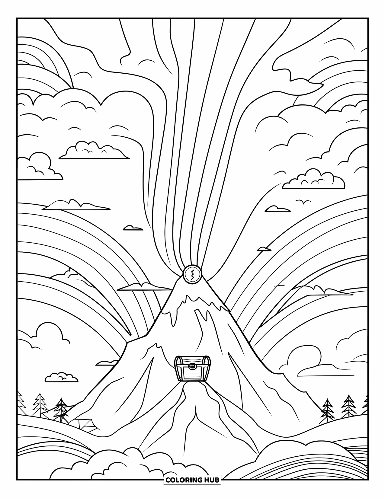 Coloriage de la Saint-Patrick pour enfants : Une montagne avec un trésor lumineux sous une tempête arc-en-ciel