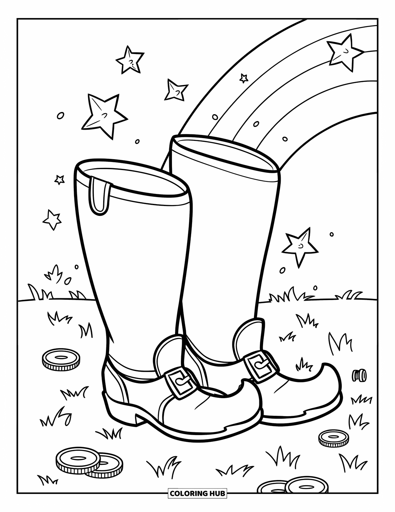 Coloriage de la Saint-Patrick pour enfants : Une paire de bottes avec des étoiles, des pièces et un fond arc-en-ciel
