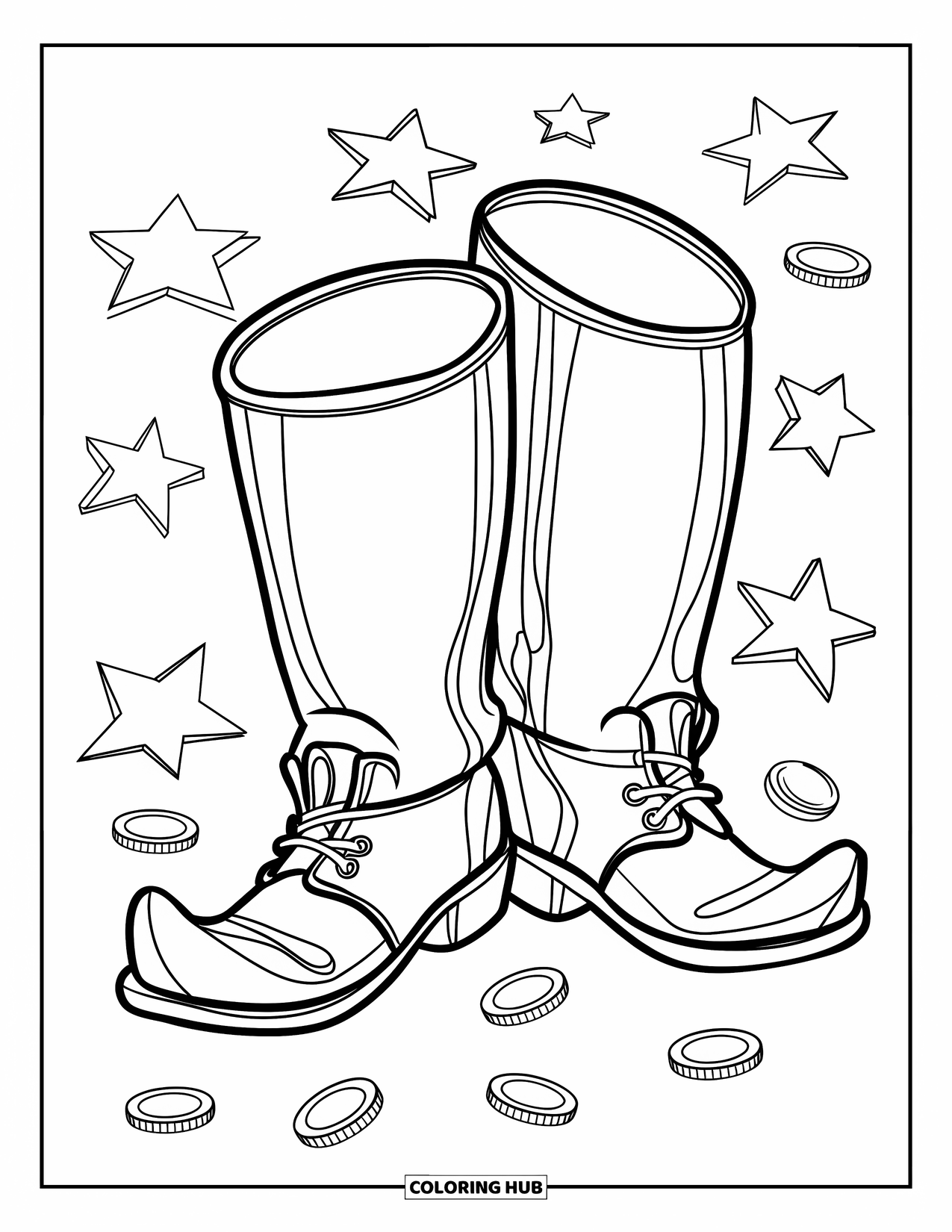 Coloriage de la Saint-Patrick pour enfants : Une paire de bottes de farfadet entourée d’étoiles et de pièces
