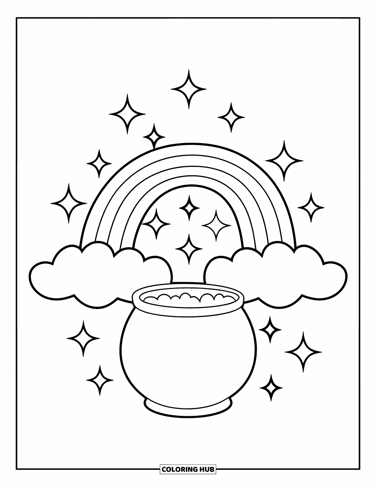 Coloriage de la Saint-Patrick pour enfants : Un arc-en-ciel qui se courbe vers un pot d’or avec des étincelles et des nuages