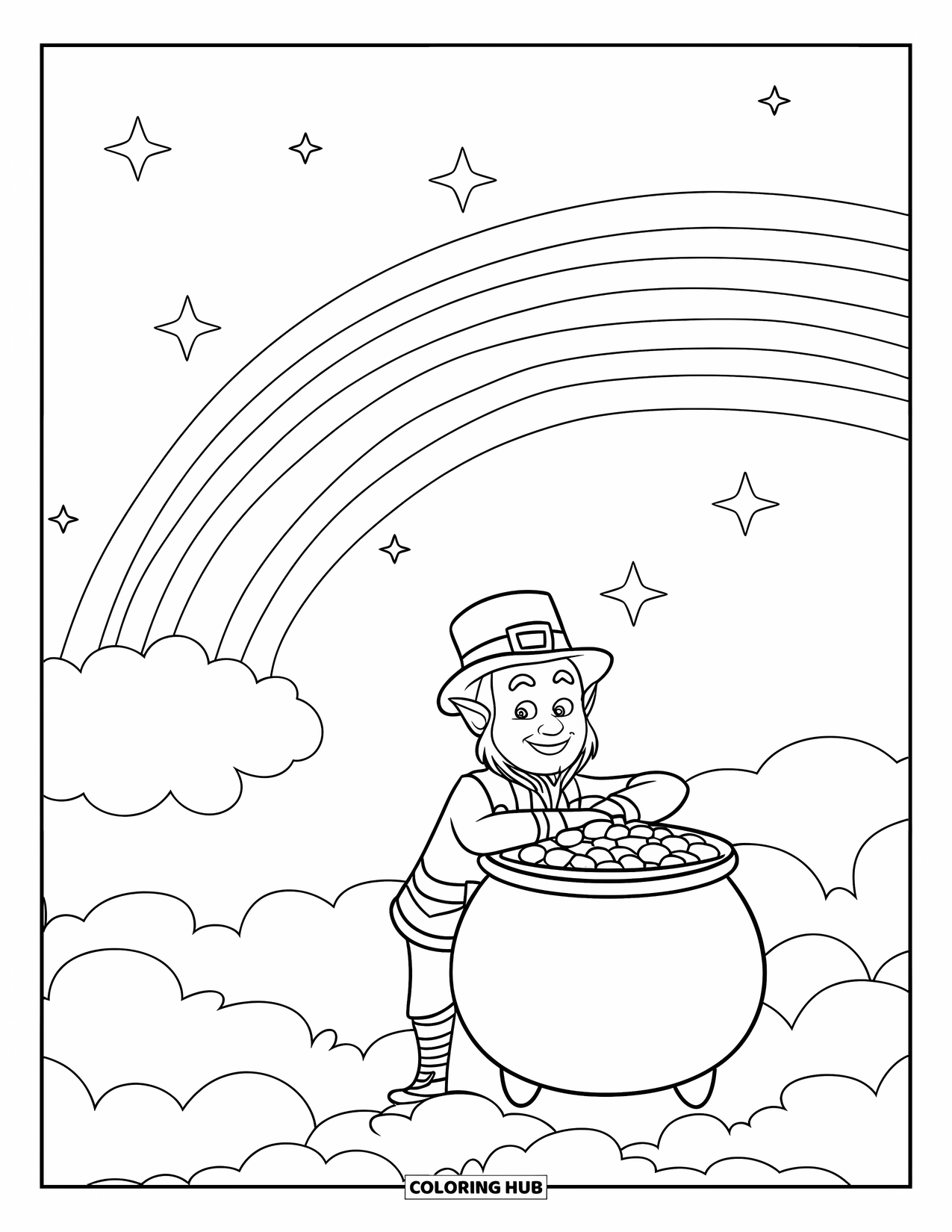 Coloriage de la Saint-Patrick pour enfants : Un arc-en-ciel au-dessus d’un farfadet gardant son pot d’or