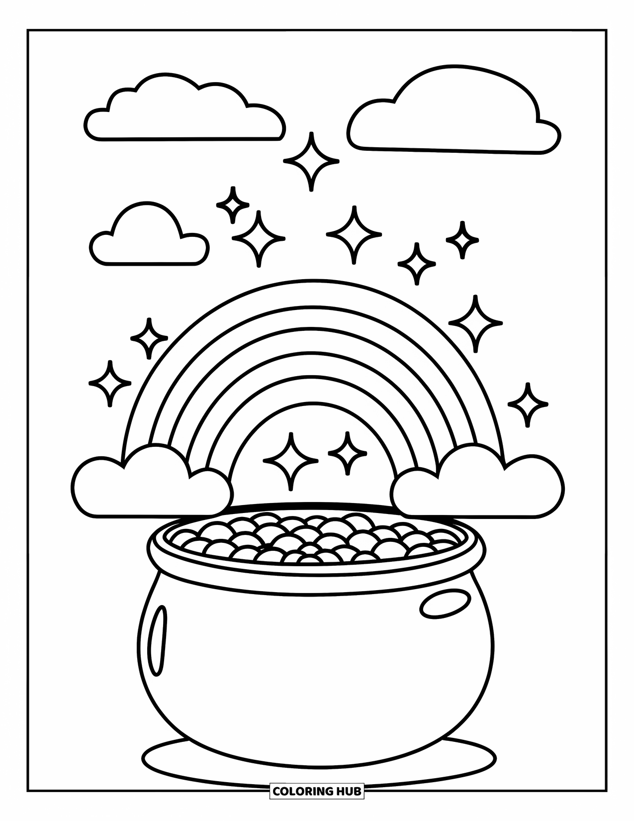 Coloriage de la Saint-Patrick pour enfants : Un arc-en-ciel avec des nuages et des étincelles qui se termine dans un pot d’or