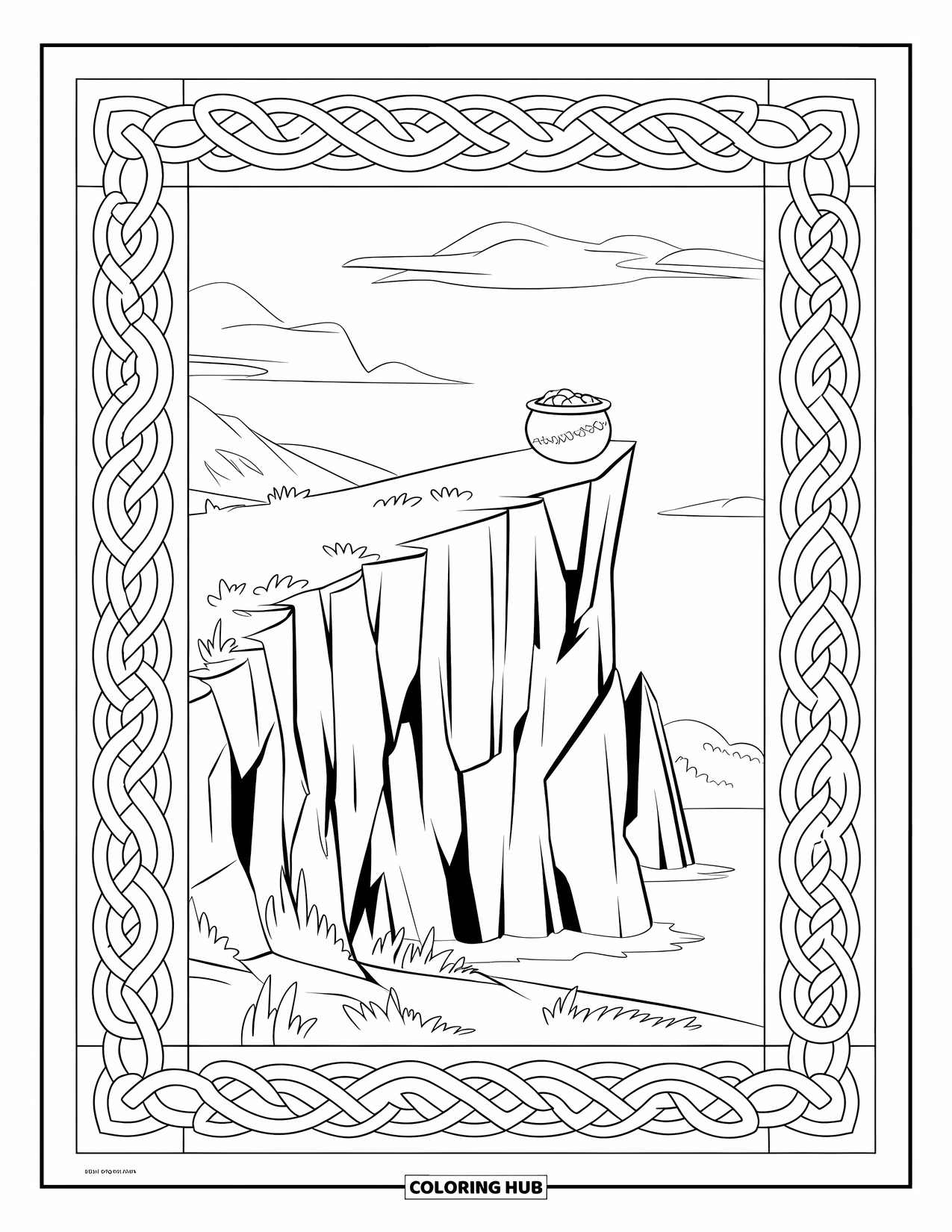 Coloriage de la Saint-Patrick pour enfants : Une falaise rocheuse avec un pot d’or encadré de nœuds celtiques