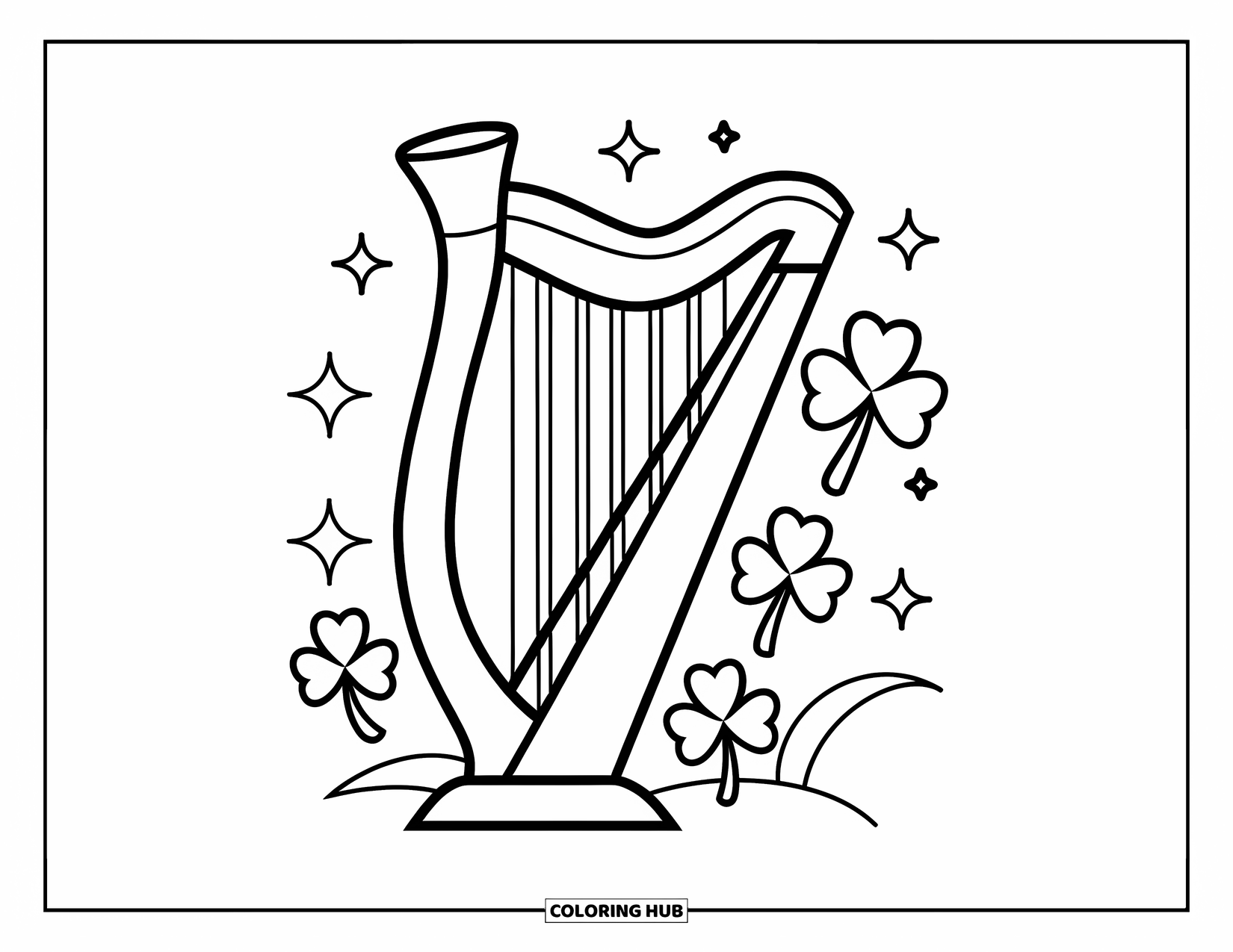 Coloriage de la Saint-Patrick pour enfants : Une harpe irlandaise simple entourée d’étoiles et de trèfles