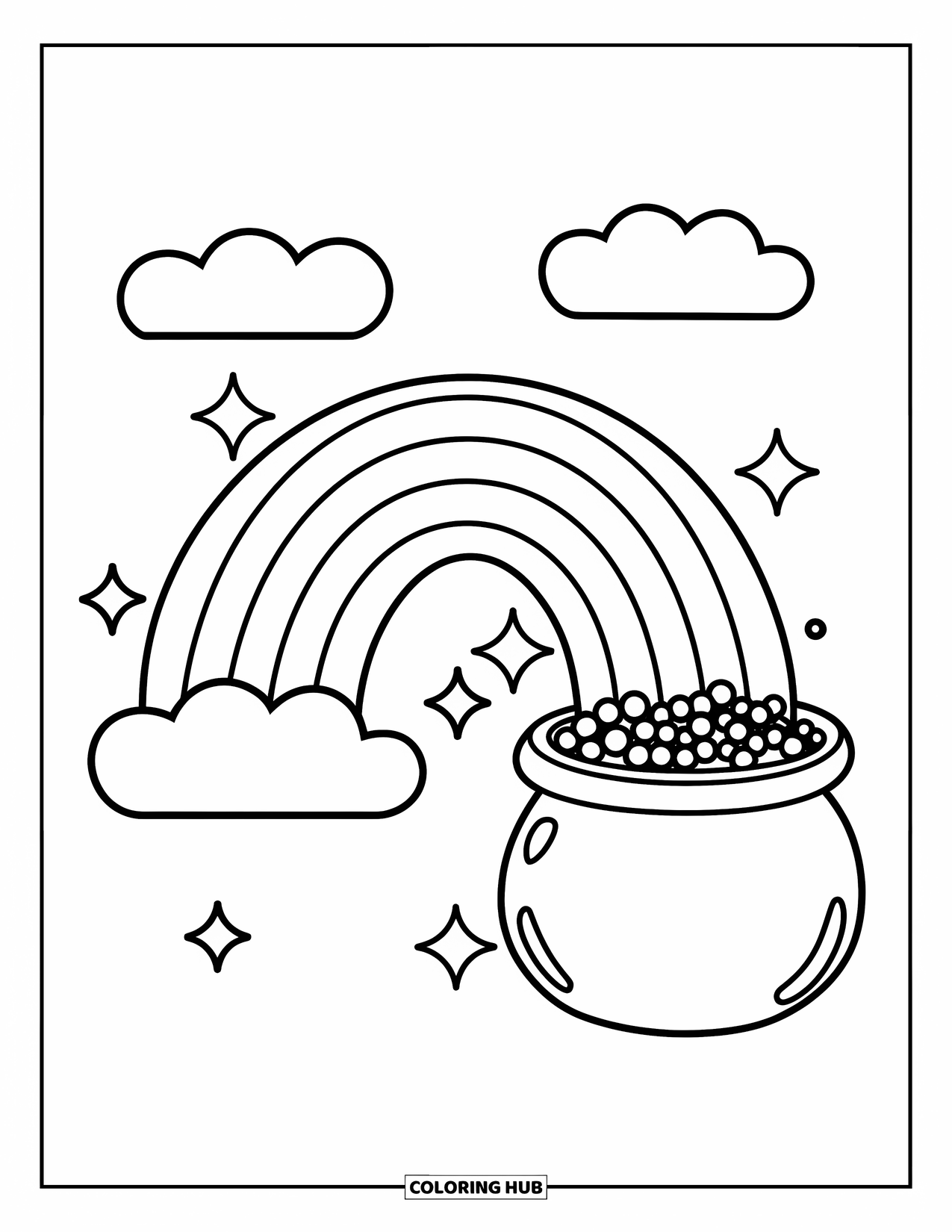Coloriage de la Saint-Patrick pour enfants : Un arc-en-ciel simple menant à un pot d’or sous les nuages