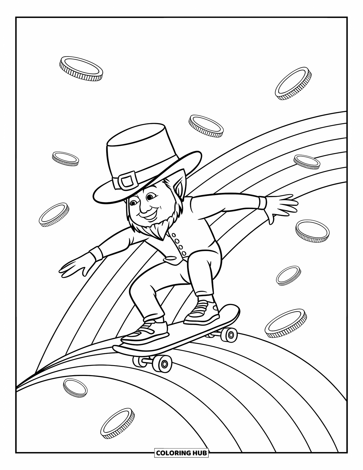 Coloriage de la Saint-Patrick pour enfants : Un farfadet en patins filant sur une piste arc-en-ciel