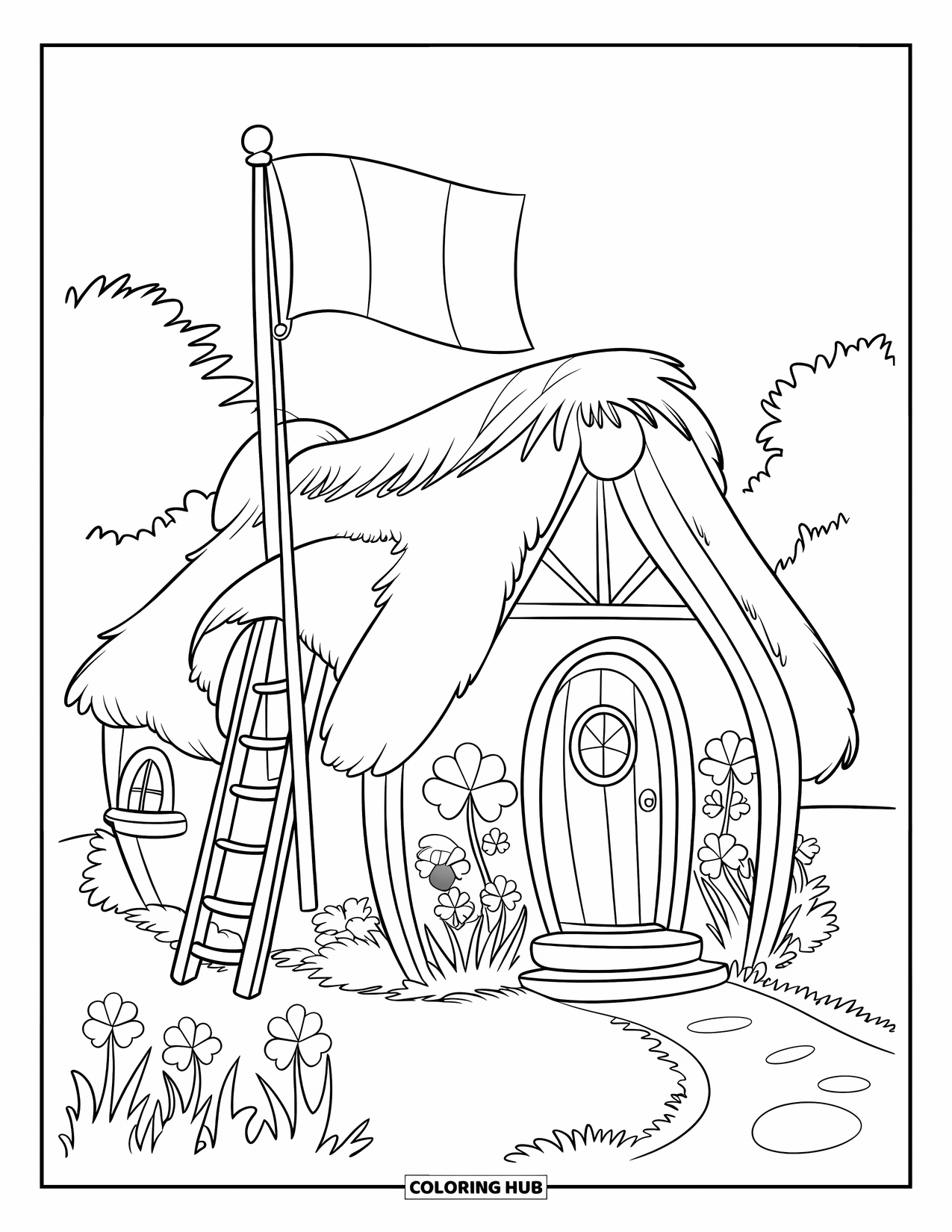 Coloriage de la Saint-Patrick pour enfants : Une petite chaumière avec des trèfles, un mât de drapeau et une clôture en bois