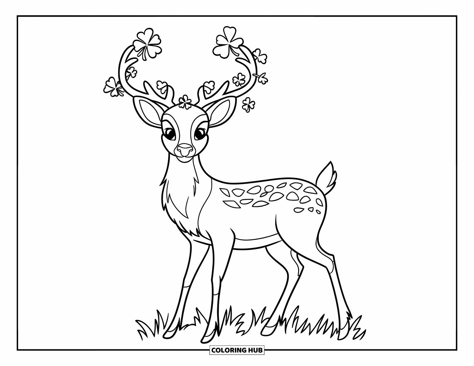 Coloriage de la Saint-Patrick pour enfants : Un cerf irlandais aux bois en forme de trèfles dans un champ paisible