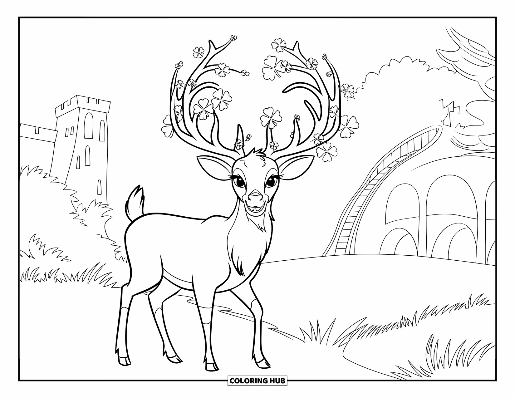 Coloriage de la Saint-Patrick pour enfants : Un cerf irlandais aux bois en forme de trèfles debout dans un champ herbeux