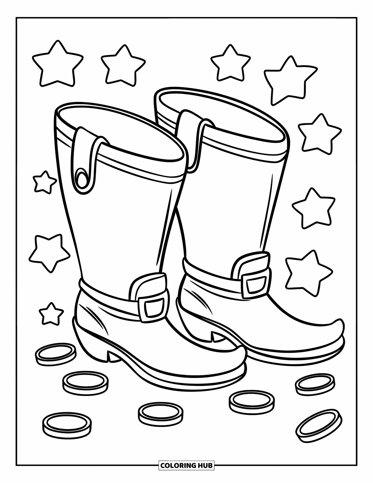 Coloriage de la Saint-Patrick pour enfants : Des bottes de farfadet simples avec des étoiles et des pièces en traits épais