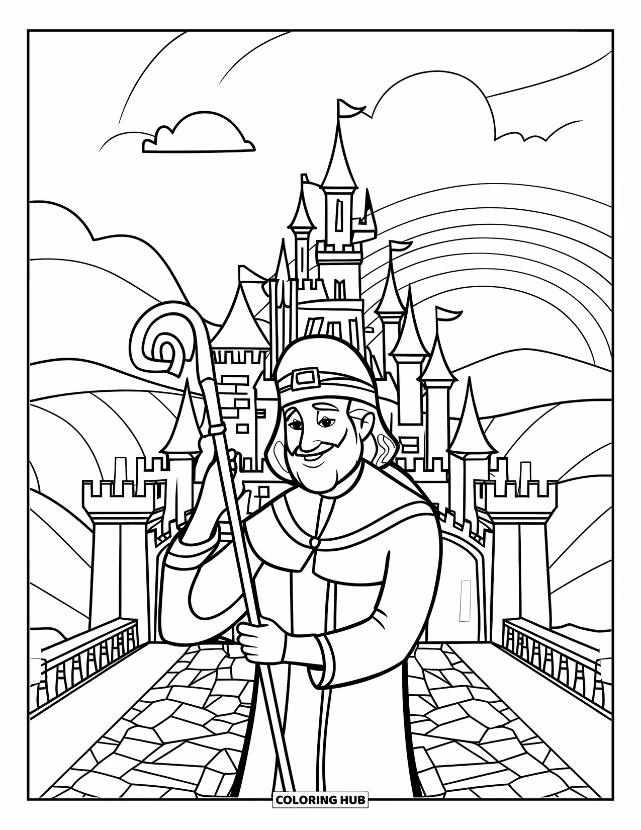 Coloriage de la Saint-Patrick pour enfants : Saint Patrick devant un château sous un ciel rempli de nuages et d’arcs-en-ciel