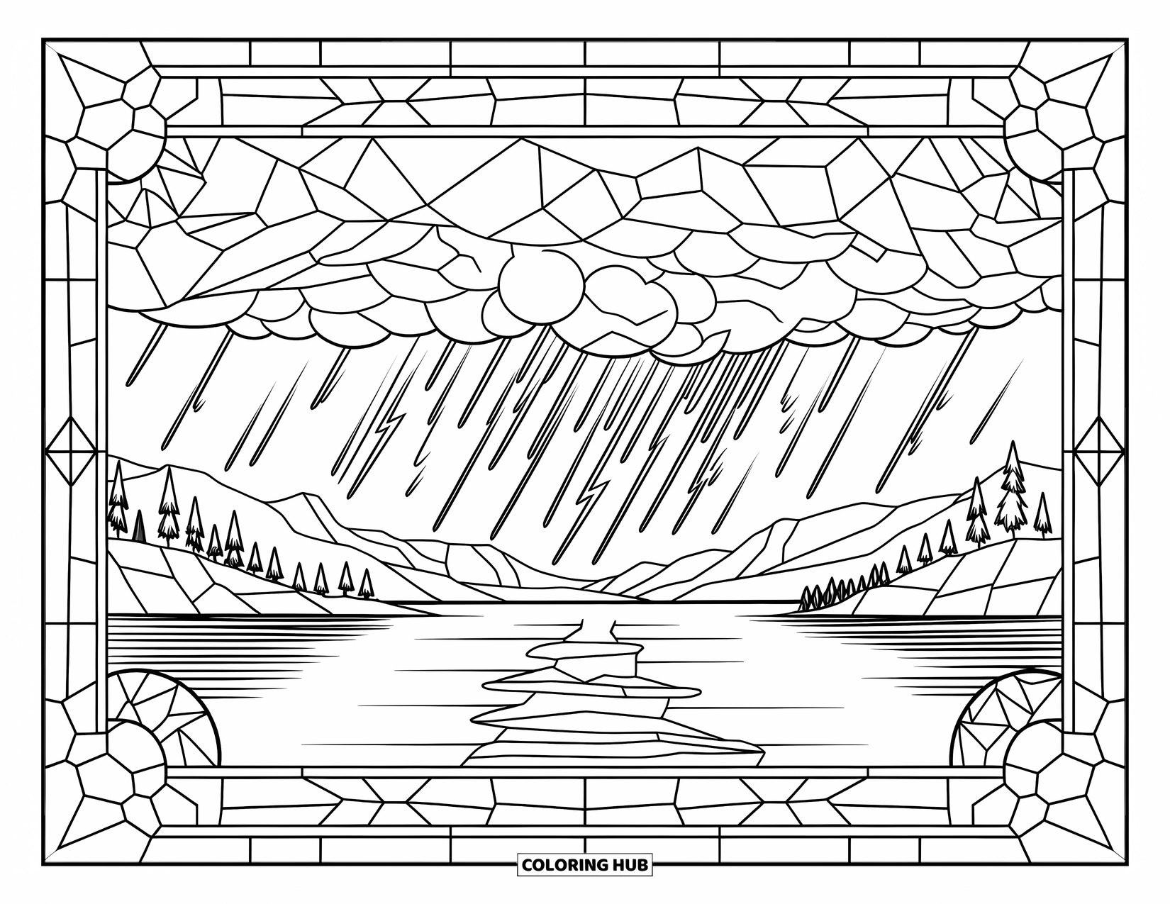 Storm Coloring Page for Adults: A calm lake reflects a thunderstorm sky framed by stained glass designs