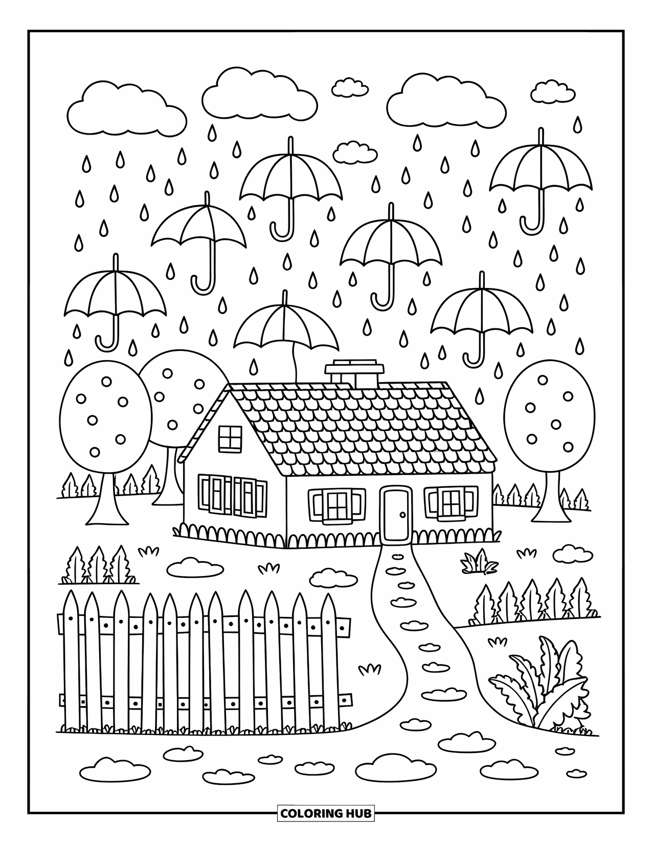 Storm Coloring Page for Adults: A cottage sits peacefully while umbrellas catch raindrops and puddles shimmer on the path