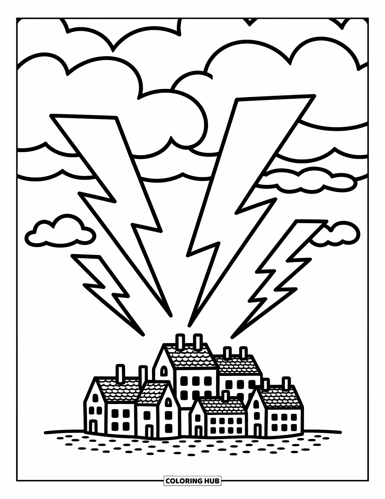 Storm Coloring Page for Adults: A cute village snuggles under cozy clouds while lightning glows gently overhead