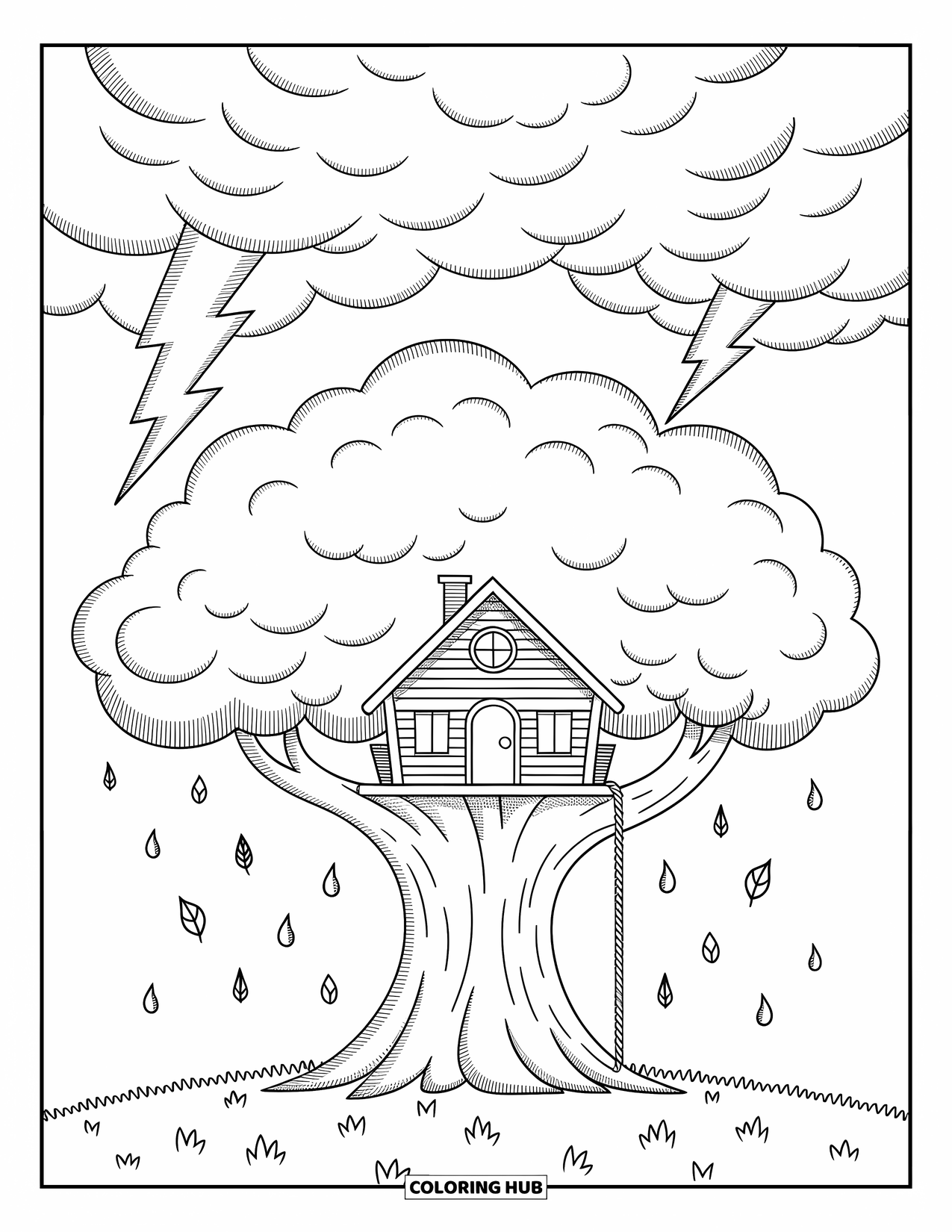 Storm Coloring Page for Adults: A giant tree holds a cozy treehouse while thunderclouds swirl gently overhead