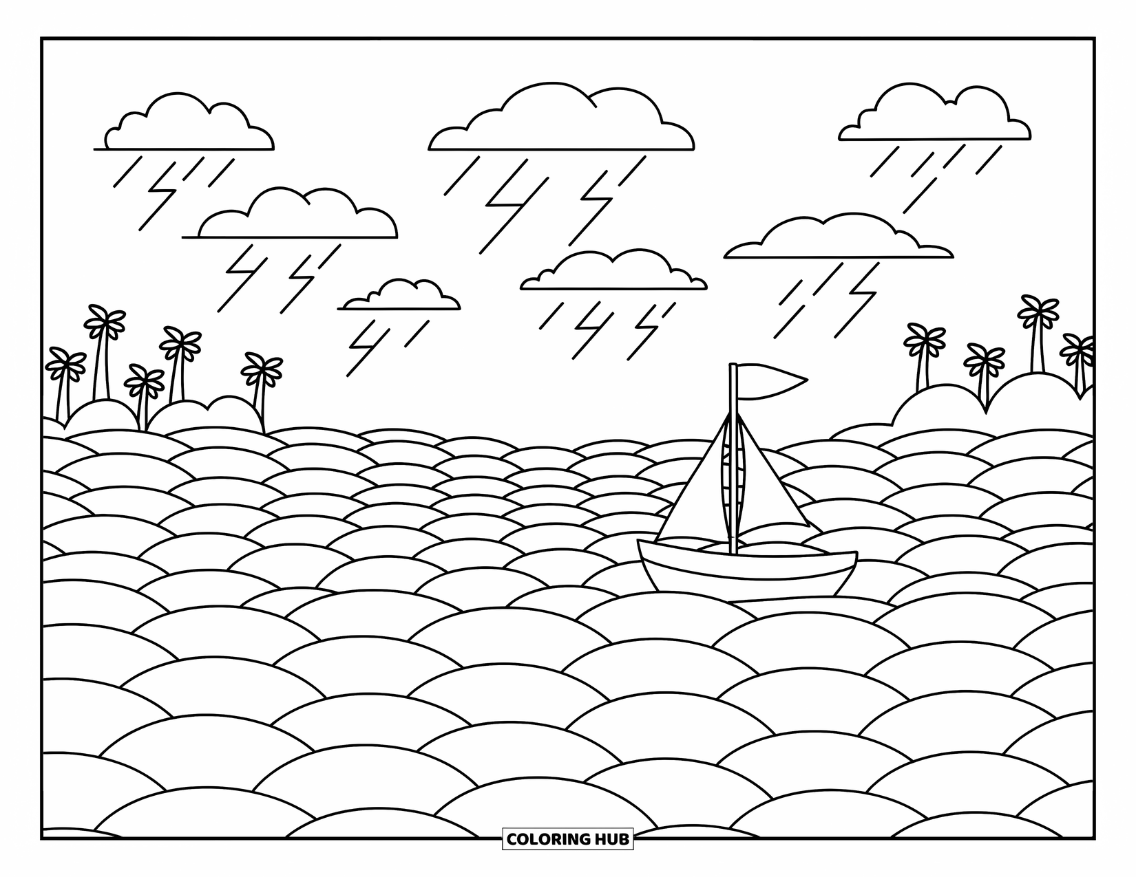 Storm Coloring Page for Adults: A little sailboat bobs calmly as clouds and wind swirl across the ocean