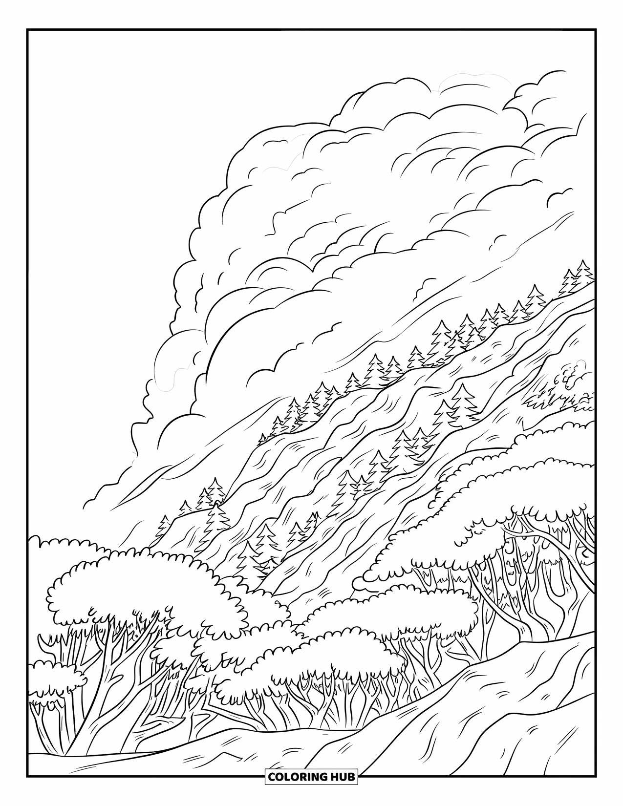 Storm Coloring Page for Adults: Forested mountains brace under thick clouds and tangled branches